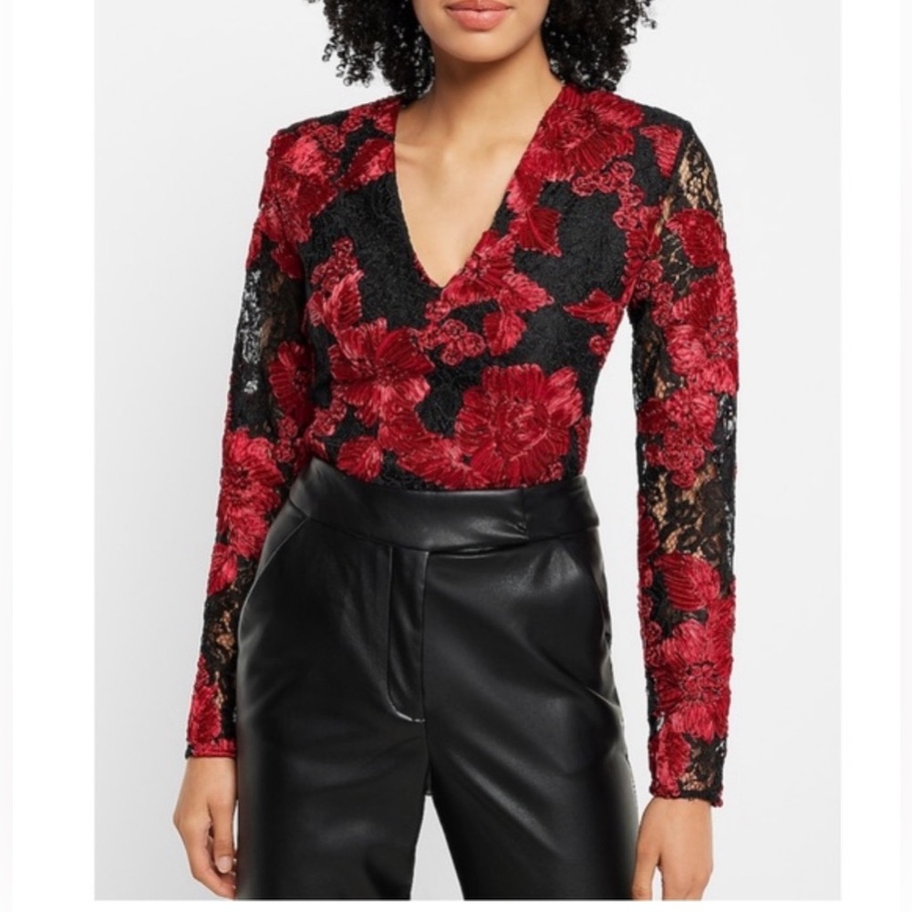 Express Red Black Floral Lace Bodysuit Sexy Holiday Party Date Night Top S